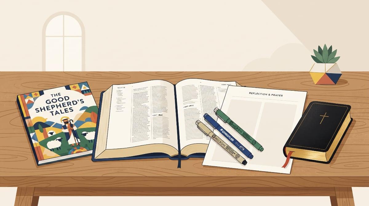 An open Bible with a blank journaling page beside it, a few fine-tip pens, a small leather prayer book and a children's storybook on a wooden table