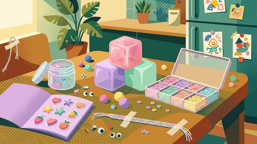 Pastel squishies, bracelet beads and puffy stickers spread across a kitchen table