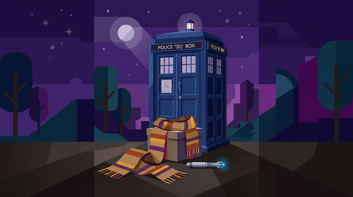 A blue police box standing under a purple night sky, with a long striped knitted scarf draped over a wrapped gift and a silver handheld gadget glowing blue beside it