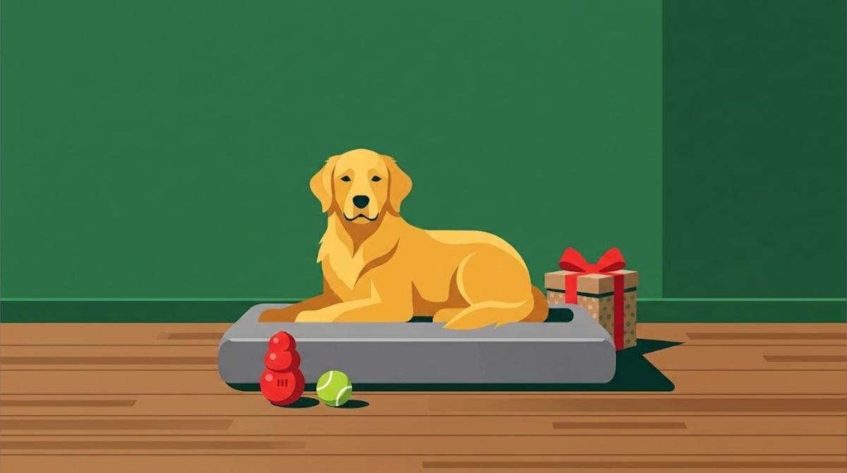 A golden dog lying on a thick gray dog bed next to a red rubber chew toy, a tennis ball and a wrapped present with a bow
