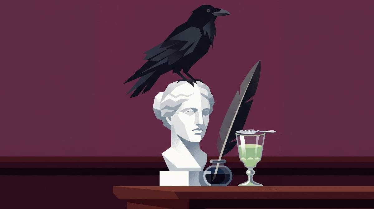 A black raven perched on a white marble bust next to a feather quill, an inkwell and an absinthe glass on a dark desk