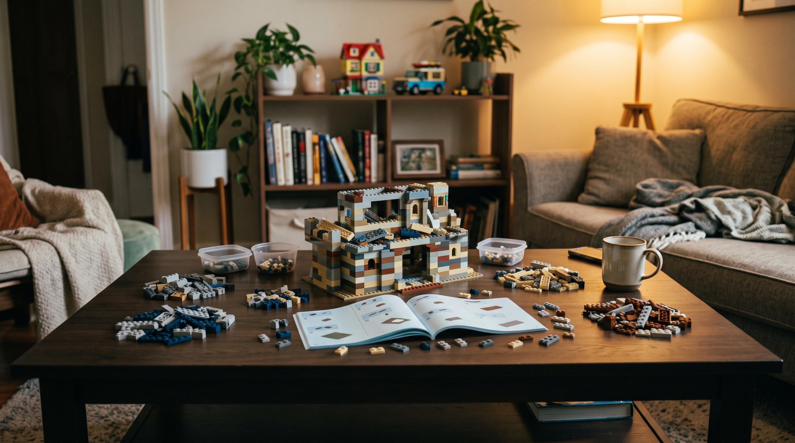 A half-built LEGO set on a coffee table surrounded by loose bricks