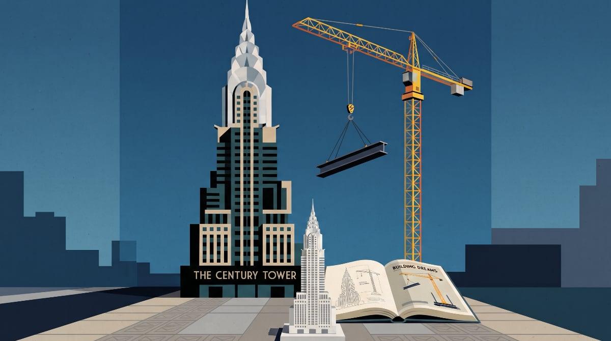 A tall art deco skyscraper with a pointed, stepped crown beside a yellow tower crane lifting a steel beam, with a small model skyscraper and an open picture book on the ground in front