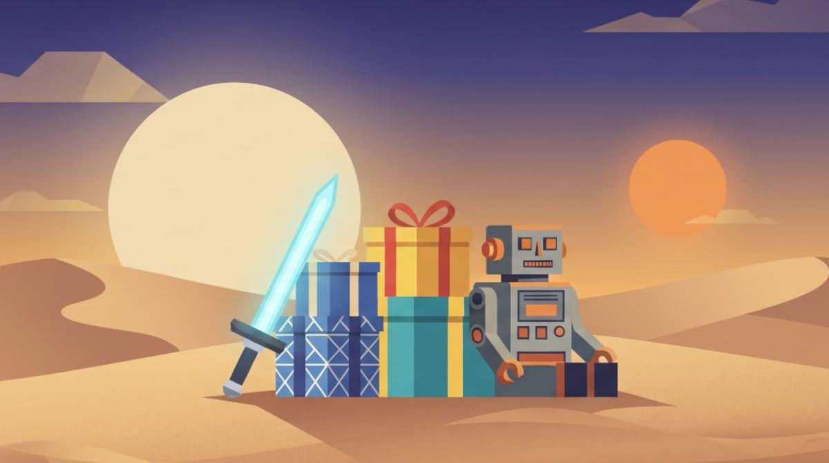 Two suns setting over desert dunes at dusk, with a stack of wrapped gifts, a boxy toy robot and a glowing toy sword on the sand in front