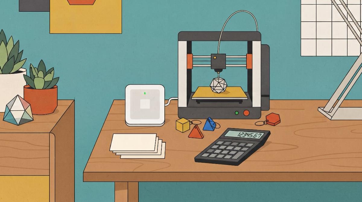 A small white card reader, a compact 3D printer with a few printed keychains beside it, a stack of small business cards and a financial calculator grouped on a desk against a flat teal wall