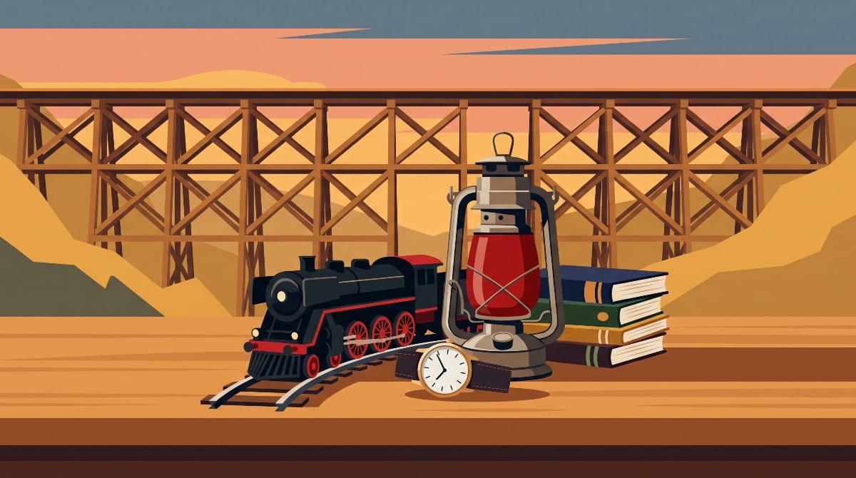 A black model steam locomotive on a short loop of track, a wristwatch, a red railroad lantern and a stack of books grouped together in front of a wooden trestle at golden hour