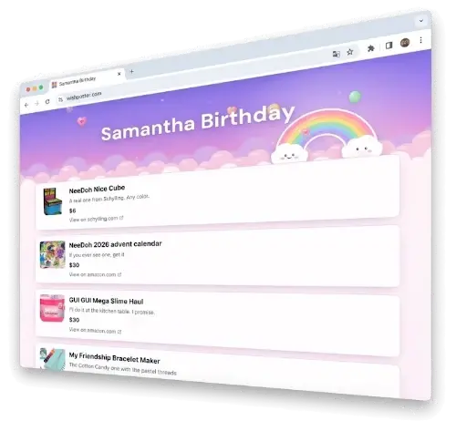 Example wishlist: Samantha Birthday, with a rainbow theme