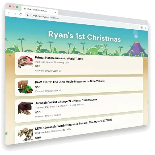 Example wishlist: Ryan's 1st Christmas, with a dinosaur theme