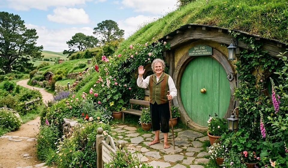 Bilbo Baggins outside his round green door at Bag End