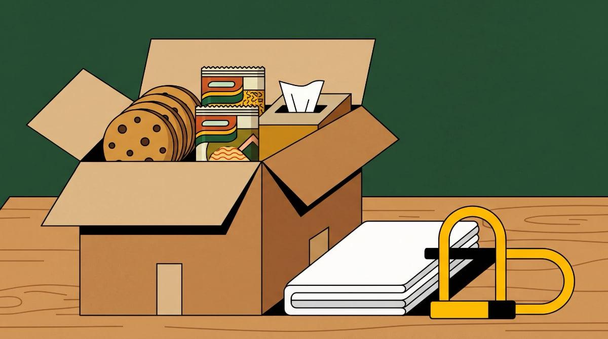 An open cardboard shipping box packed with a stack of giant cookies, instant noodle packets and a box of tissues, next to a folded set of bedsheets and a yellow U-shaped bike lock, on a dorm desk against a flat green wall