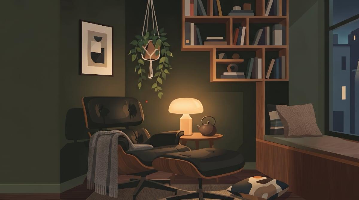 A reading chair with a wool throw over one arm, a small mushroom-shaped lamp and a round brown teapot on a side table, and a trailing plant, grouped together in front of a window seat and a bookshelf