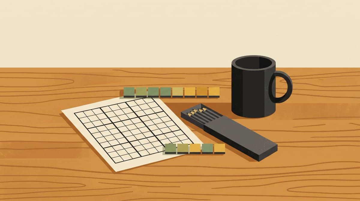 A half-finished sudoku grid, a row of green and yellow letter tiles, a box of dark gray pencils and a coffee mug on a wooden table