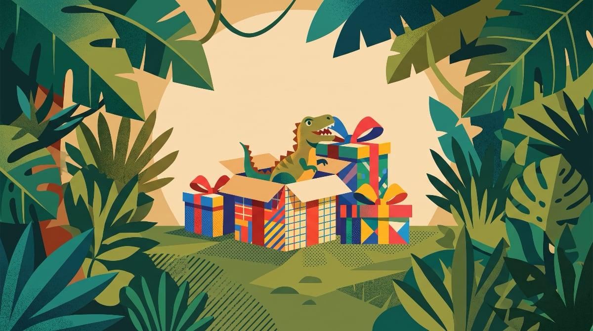 A toy T. rex bursting out of a half-unwrapped gift box