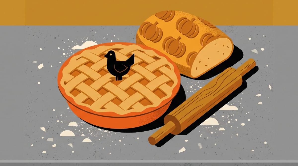 A lattice-top pie in an orange ceramic dish, a pumpkin-shaped loaf of bread, a small black ceramic bird and a wooden rolling pin on a flour-dusted table