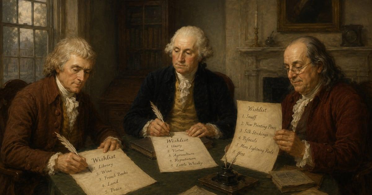 Washington, Jefferson, and Franklin sharing their wishlists