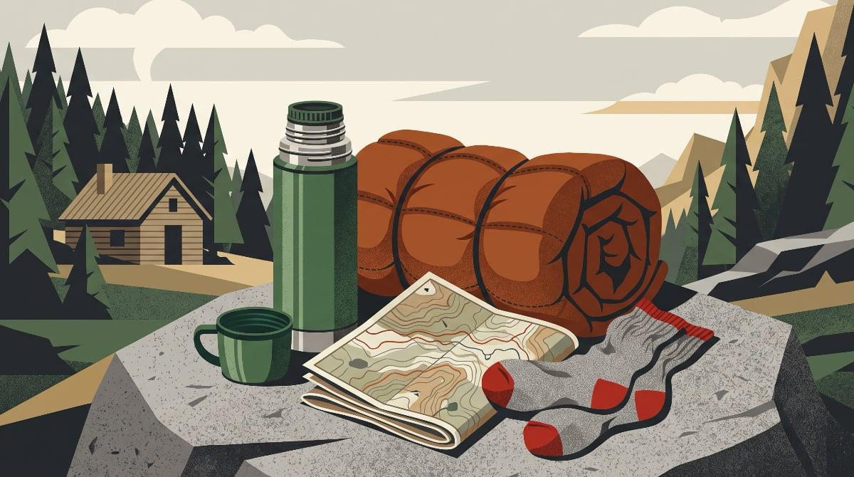 A green steel thermos, a rolled-up puffer jacket, a folded trail map and a pair of wool hiking socks on a rock in front of a small cabin and pine trees