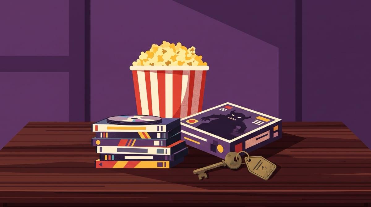 A striped bucket of popcorn, a stack of movie discs, a monster board game box and an old hotel room key on a dark wooden table