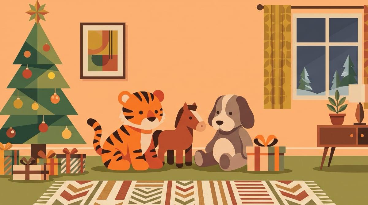 A plush tiger cub, a toy horse and a stuffed puppy sitting next to a wrapped present