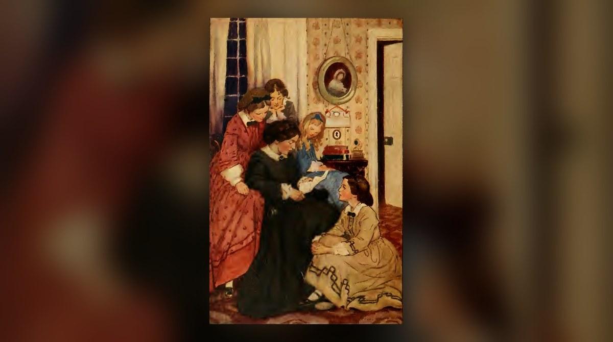 Jessie Willcox Smith's 1915 illustration of Marmee reading Father's letter with the four March sisters gathered around her