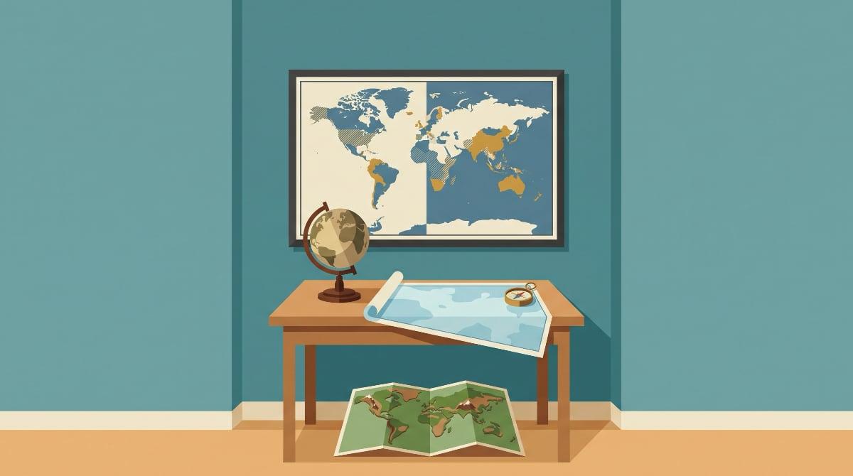 A large framed world map on a wall above a desk, with a small antique globe, an unrolled sea chart held flat by a brass compass, and a raised relief map of mountains leaning against the desk