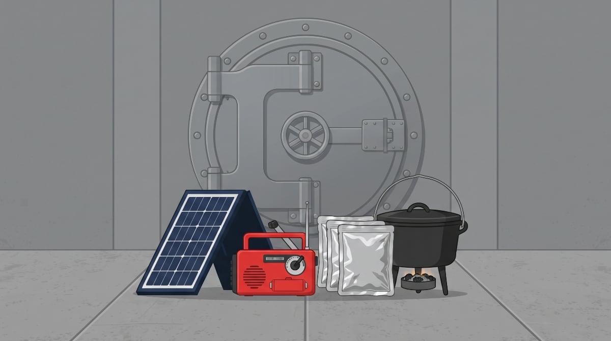 A small solar panel, a red hand-crank radio, a stack of freeze-dried meal pouches and a cast iron pot on legs in front of a round steel bunker door
