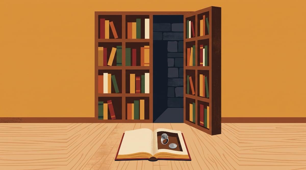A wooden bookcase swung partly open like a door, revealing a dark passage behind it, with a hollowed-out book on the floor in front holding a silver ring and a coin