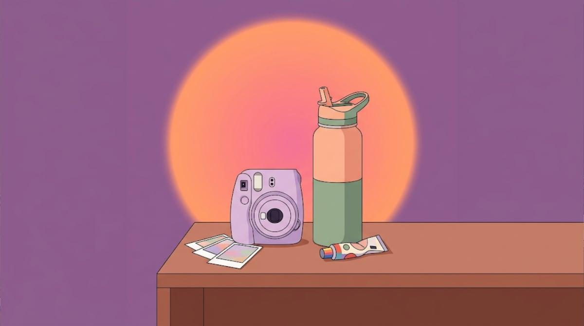 A pastel instant camera with a few printed photos, a water bottle and a lip balm on a bedside table, lit by the orange glow of a sunset lamp on the wall behind