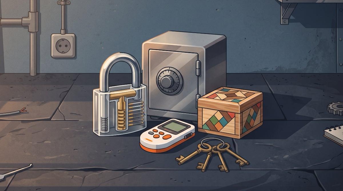 A see-through padlock, a small round-dial safe, a wooden puzzle box and a handheld gadget grouped together next to a ring of keys